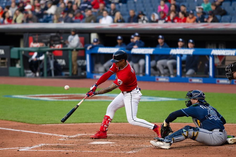 Archive: Brayan Rocchio batting contact at Progressive Field, 28 Apr 2026 (Erik Drost / Flickr via Commons, CC BY 4.0). Not the 16 September 2026 sole-AL-Central-lead win over the White Sox, and not a day-of Progressive Field still.
