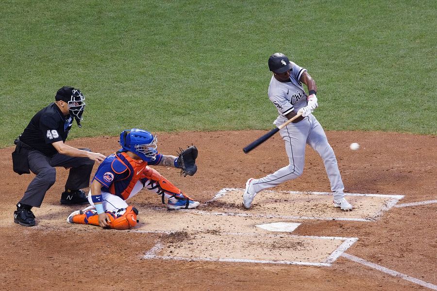 Archive: Tim Anderson mid-swing at the plate, White Sox grey road kit vs Mets, 19 Jul 2023 (D. Benjamin Miller / Wikimedia Commons, CC0). Not the 17 September 2026 Rate Field win over Detroit, not a Munetaka Murakami White Sox-kit still, and not a day-of AL Central tie still.