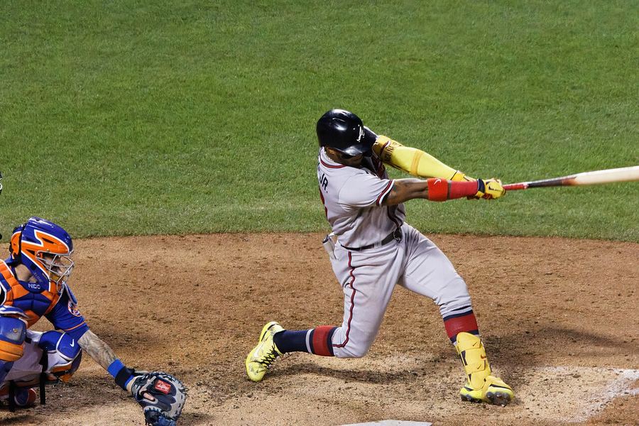 Archive: Ronald Acuña Jr. mid-swing batting follow-through, Braves grey road kit vs Mets, 6 Aug 2022 (D. Benjamin Miller / Wikimedia Commons, CC0). Not the 18 September 2026 Braves–Astros clinch at Daikin Park, not a Truist Park clinch dogpile, and not a day-of Astros clinch still.