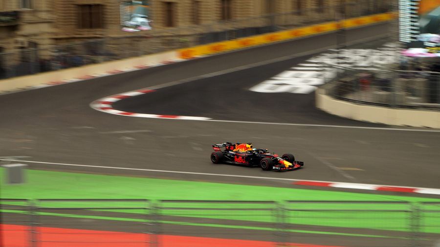 Archive: Daniel Ricciardo #3 Red Bull, Baku City Circuit, 29 Apr 2018 (ibrahimferhadli, CC BY-SA 4.0). Not the 2026 Azerbaijan Grand Prix Saturday race or practice sessions; not day-of photography.