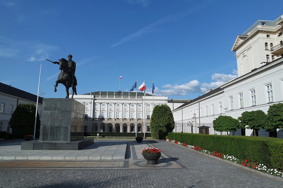 Archive photo: the Presidential Palace (Pałac Prezydencki) in Warsaw with the Poniatowski equestrian monument, June 2019.