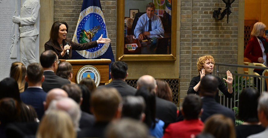 Archive photo: Agriculture Secretary Brooke Rollins gives her first address to Agriculture Department employees at the department's headquarters in Washington in February 2025.