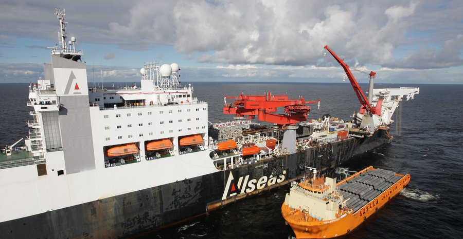 Archive photo: the pipe-laying ship Solitaire, with the supply vessel Toisa Independent alongside carrying pipe, builds the Nord Stream gas pipeline in the Gulf of Finland in September 2010.