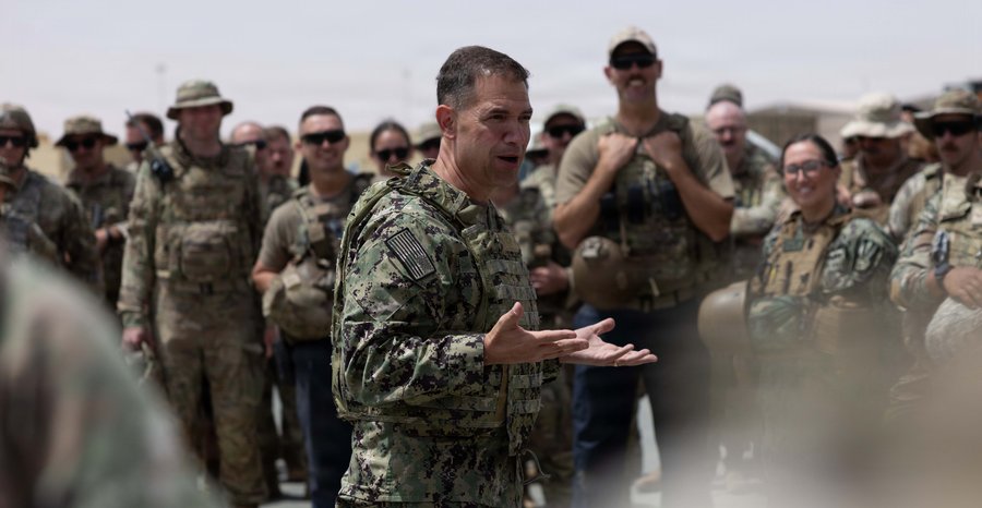 Archive photo: Adm. Brad Cooper, head of U.S. Central Command, speaks with troops at a base in the Middle East in April 2026.