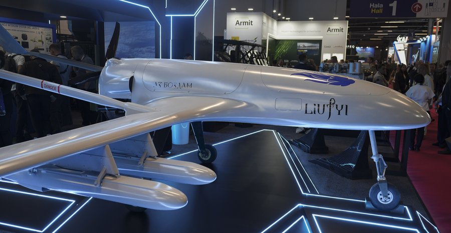 A Ukrainian Liutyi long-range strike drone on display at a defense industry exhibition in Kielce, Poland, in September 2026.