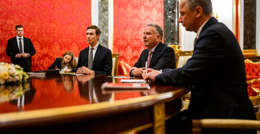 Special envoy Steve Witkoff and Jared Kushner at the table in the Kremlin's Red Drawing Room during talks with President Vladimir Putin in Moscow in September 2026.