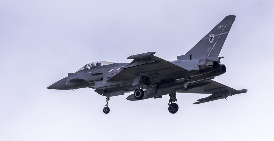 An RAF Typhoon FGR4 flies at the Swedish Air Force centenary air show at Malmen air base in Linköping, Sweden, in August 2026.