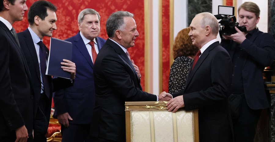 Vladimir Putin shakes hands with special envoy Steve Witkoff at the Kremlin in Moscow in September 2026.