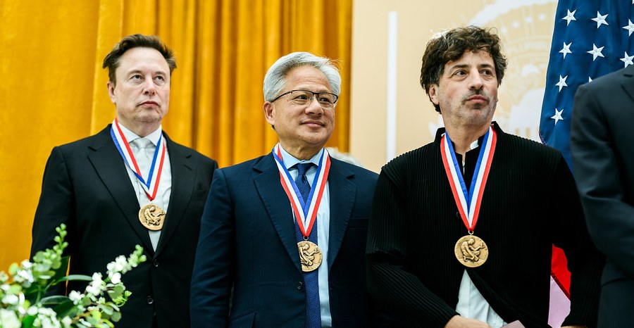 Elon Musk, left, wears the National Medal of Science beside fellow honorees at the “New Golden Age” summit in Washington in October 2026.