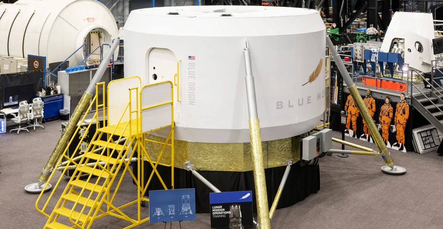 A full-scale mock-up of Blue Origin's Blue Moon Mark 2 lander, used for NASA's Artemis training, in May 2026.
