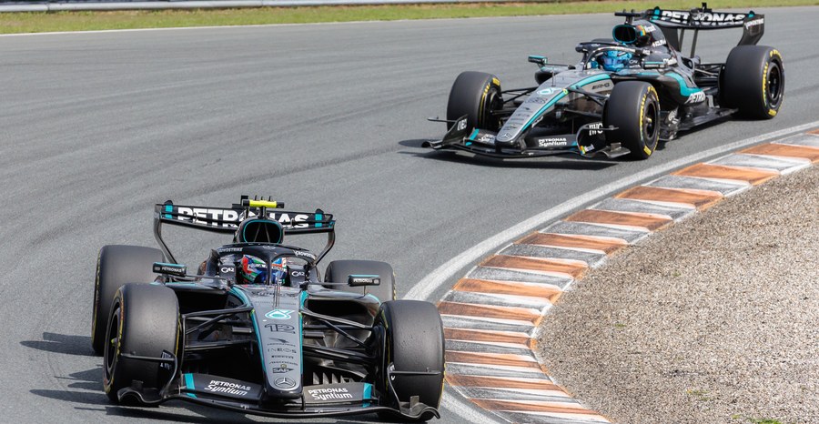 Kimi Antonelli leads Mercedes teammate George Russell at the Dutch Grand Prix in Zandvoort in August 2026.