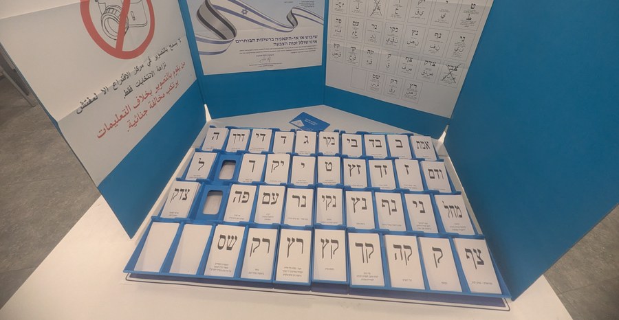 Party ballot slips laid out in a voting booth at an Israeli polling station during the Knesset election in October 2026.