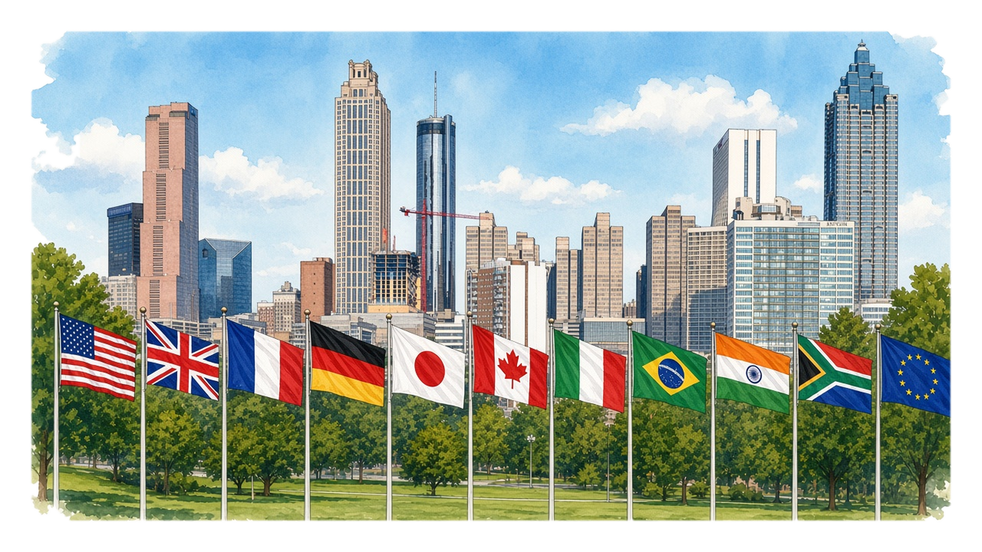 Flags of G20 members before the Atlanta skyline, October 2026.