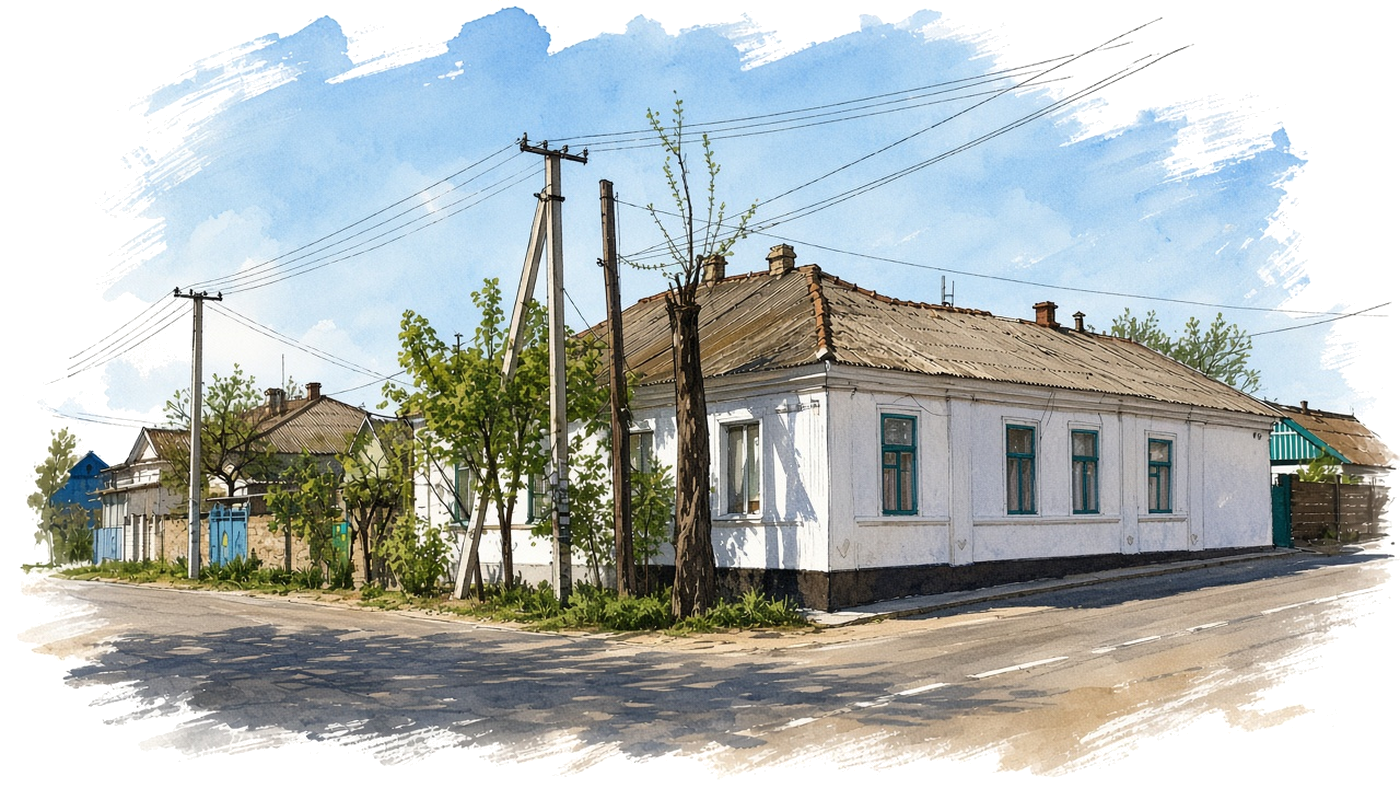A street of single-storey houses in Oleshky, in the Kherson region of Ukraine, April 2016.